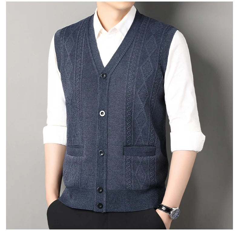 Autumn Winter Mens Vest Casual Sweater Vests Button Up Cardigan Men's V-neck Fashion Knitted Cardigans