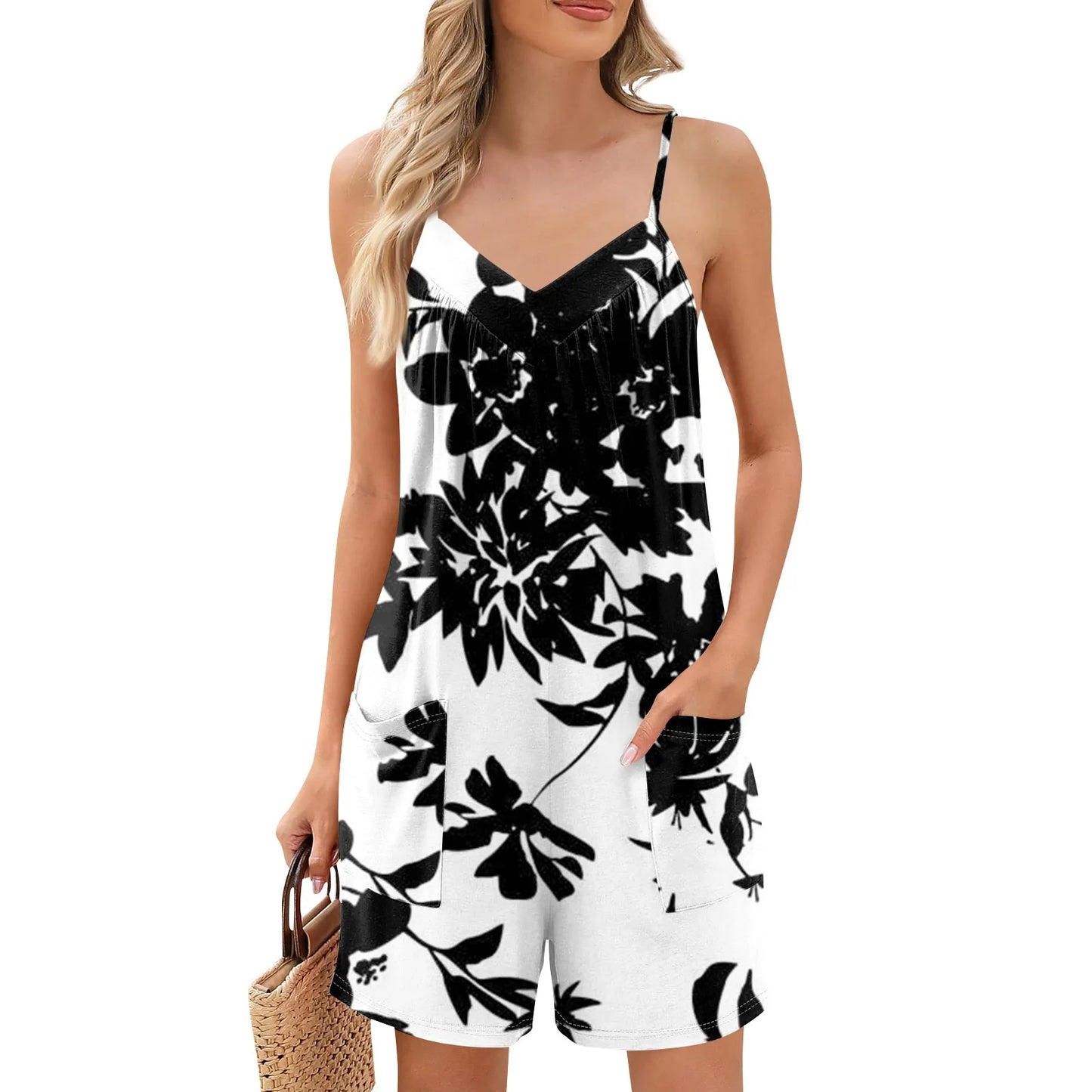 Summer Beautiful Colourful Floral Printing Daily Streetwear Playsuit Fashionable Casual Sleeveless Jumpsuit Shorts With Pockets