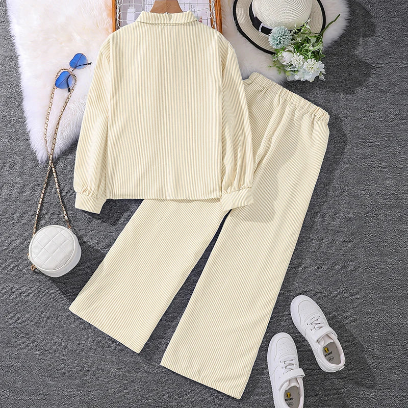 Kids Costume Suit For 4-12 Years Girls Pink Striped Long Sleeve Lapel Cardigan Shirt & Pants Daily Causal Style Comfortable Suit