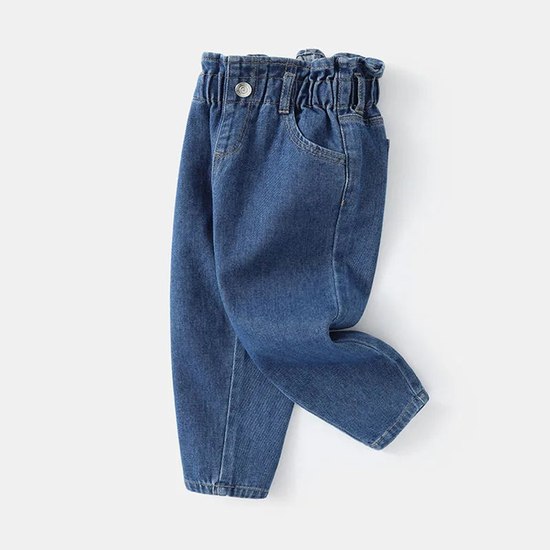 MILANCEL New Spring Kids Jeans Girls Cute Solid Color Denim Blue Pants Children Loose Trousers