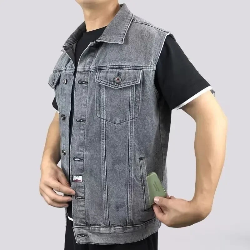 Men's Denim Vest Sleeveless Multi-Pocket Solid Color Spring Autumn Fashion Outerwear Casual Style Pure Color Top Coat
