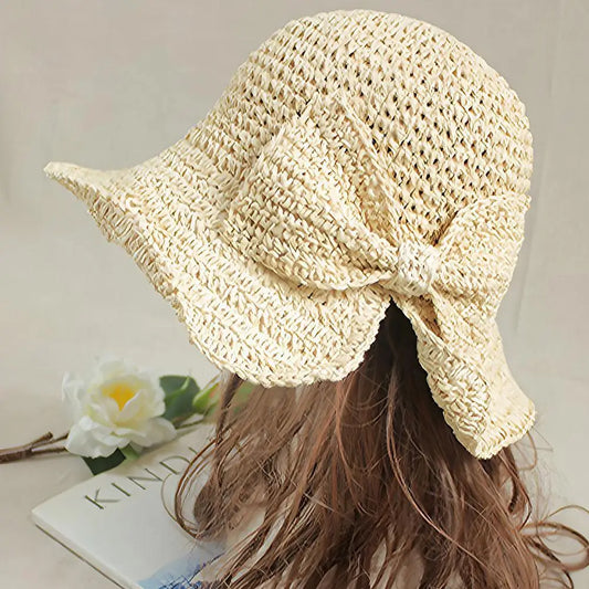 Women's Foldable Straw Sun Hat with Bow Wide Brim Beach Hat for Summer Lightweight Breathable Day Style Sun Protection