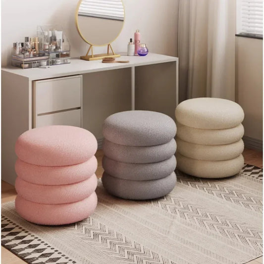 Creamy Household Stool for Girls, Makeup Seat, Bedroom Vanity Chair, Soft Lamb Wool Pouf, Minimalist Manicure, Round Ottoman