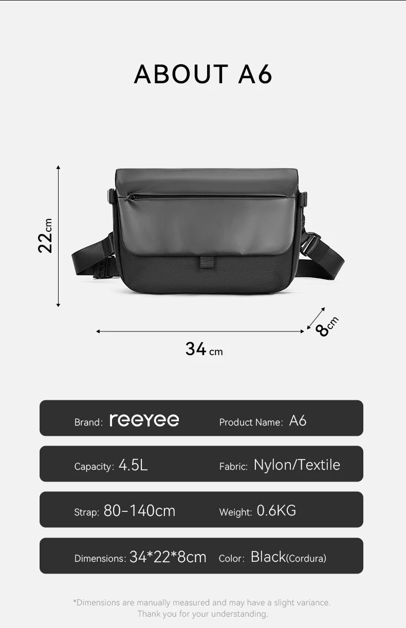 ReeYee A6 4.5L Large Sling Bag, Durable Cordura Waterproof Crossbody Pack, Smart Organization Anti-Theft Shoulder Bag