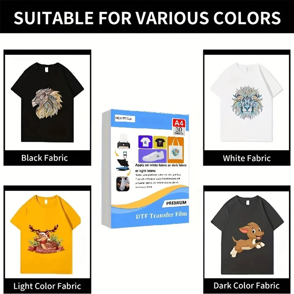 A4 30 Pcs DTF Transfer Film PET Heat Transfer Paper Matte Double-Side Clear Pretreat Sheets for DIY Direct on T-Shirts Bags