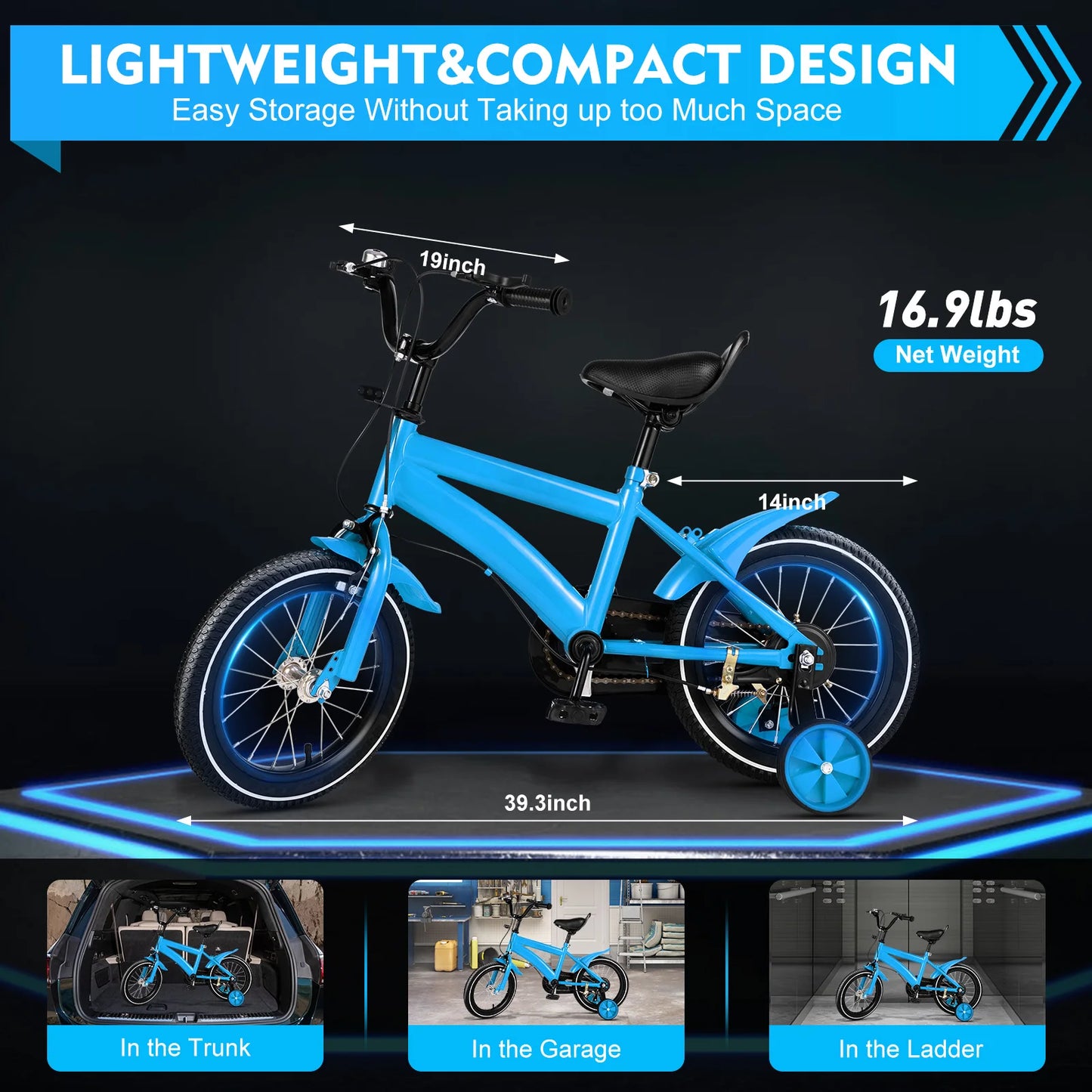 14inch Children's Bicycle with Training Wheel for 2-5 Year-Old Boys and Girls, Height Adjustable Kids Bike White/Yellow/Red/Blue