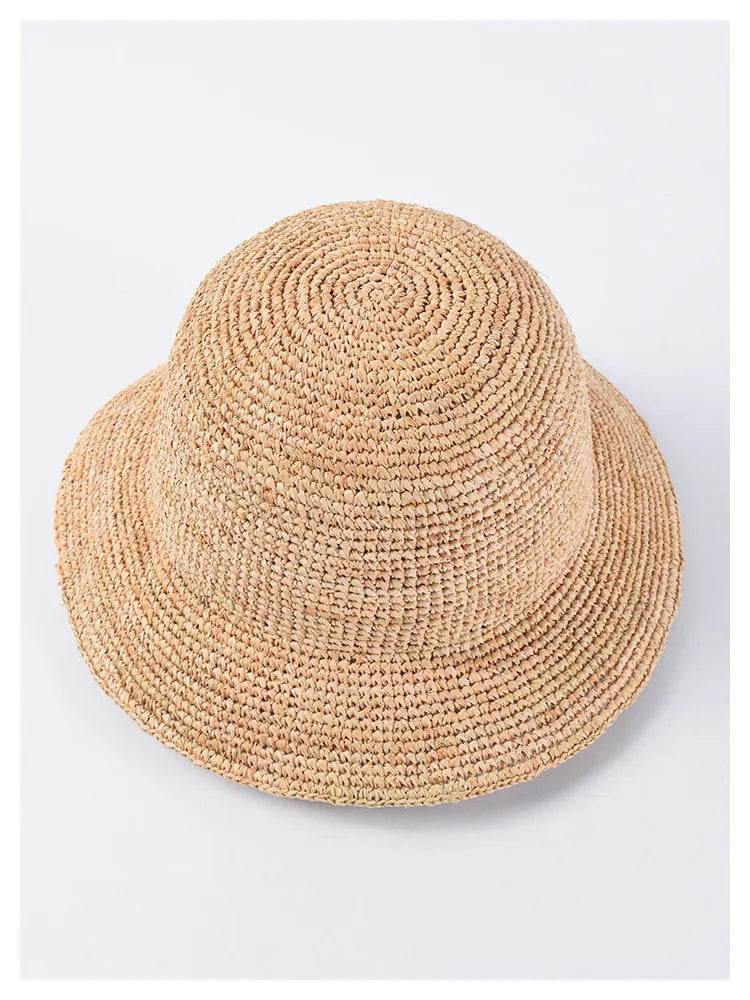 Natural Raffia Designer Beach Sun Hat for Women Handmade Crochet Straw Hat Ladies Spring Summer Bucket Hat Floppy Fisherman Cap