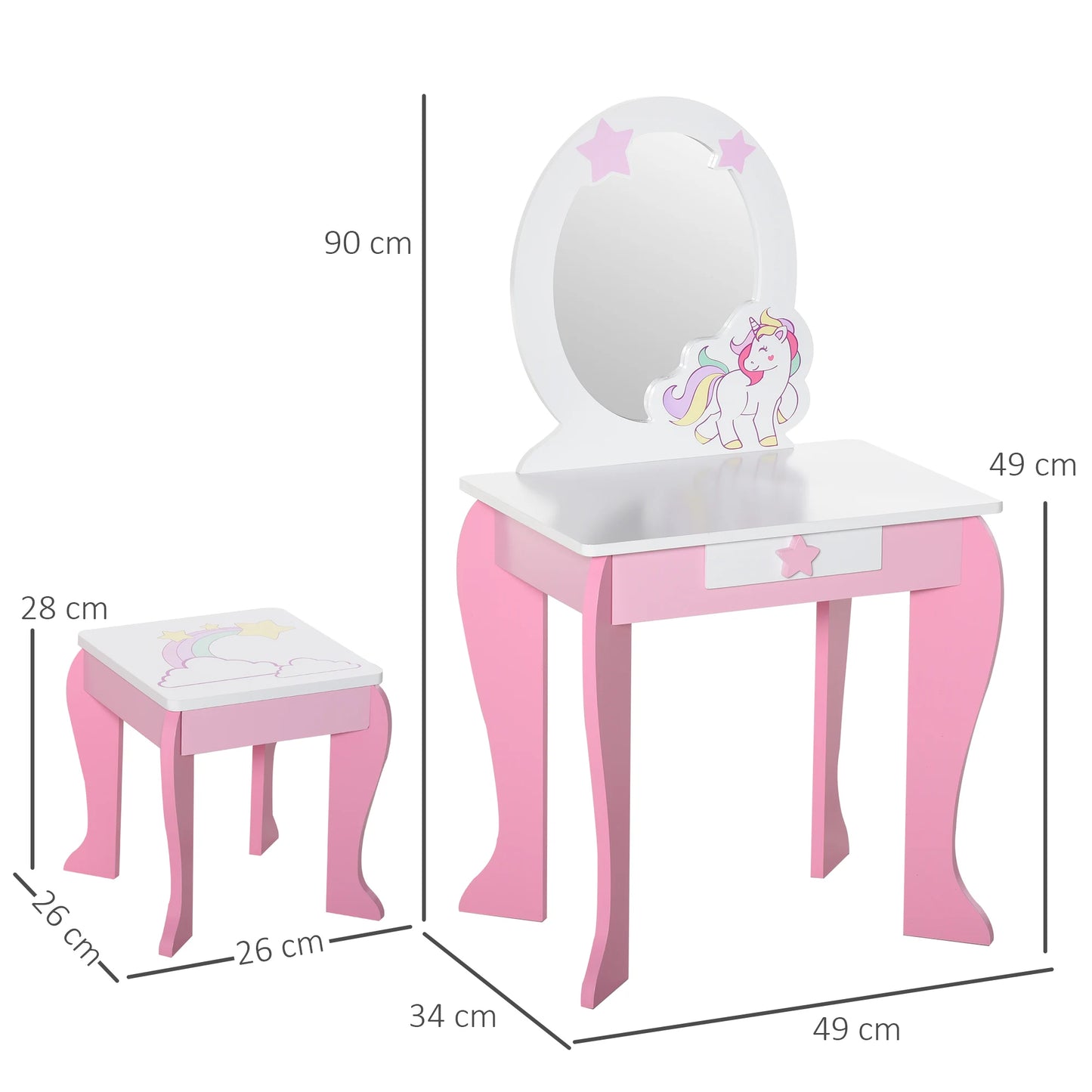 HOMCOM Unicorn-Designed Girls Dressing Table with Mirror for Toddles Girls Age 3-6 Years, Acrylic Mirror, Pink and White