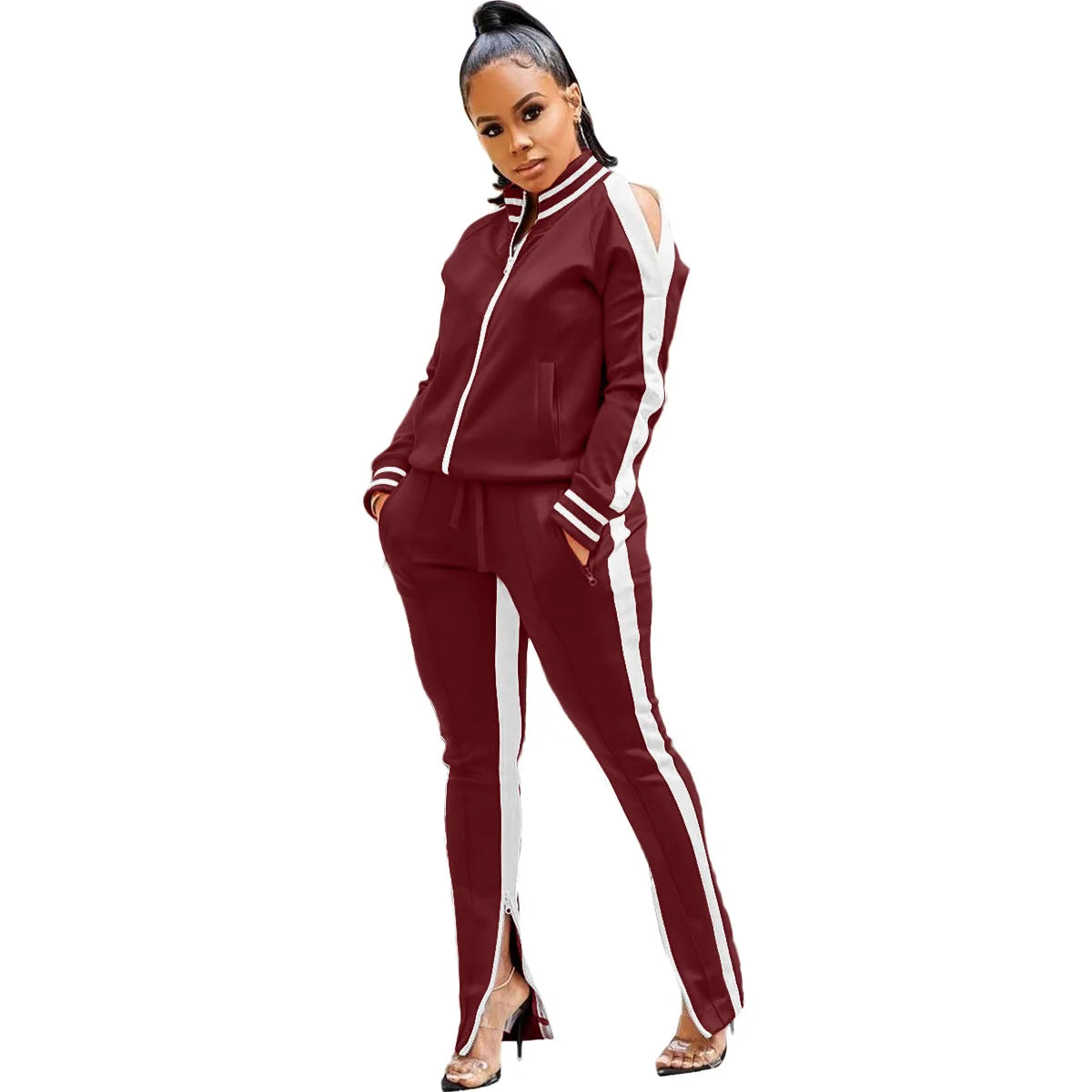 Women Pant Sets Tracksuit Zippers Jackets Striped Stand Collar Coats Pencil Pants Two Pieces Set Sports Casual Patchwork