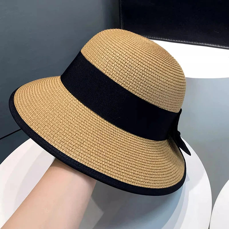 Summer Girls Sun Hats Wide Brim Bowknot Straw Hat with Ribbon Outdoor Sun Protection Women Hats Soild Color Ladies Panama Caps