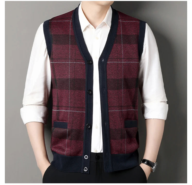 New Men's Sweater Vest Casual Sleeveless Knit Jackets Men Fashion Plaid V-neck Cardigans Man Clothes Knitted Waistcoat
