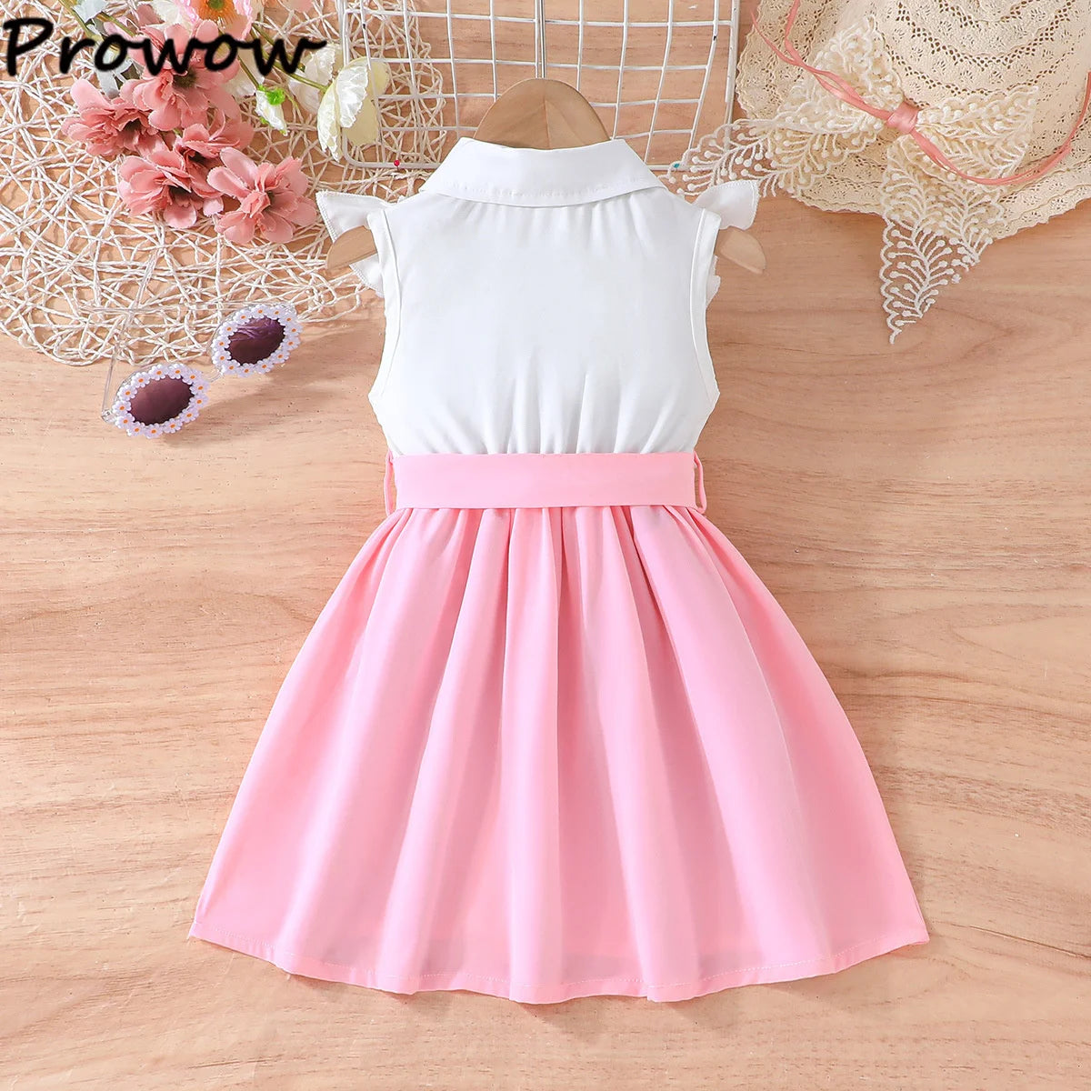 Prowow Lady Girl's Dresses Sleeveless Embroidery Floral Lotus Dress Turn-Down Collar Patchwork Shirt Dress For Girls With Belt