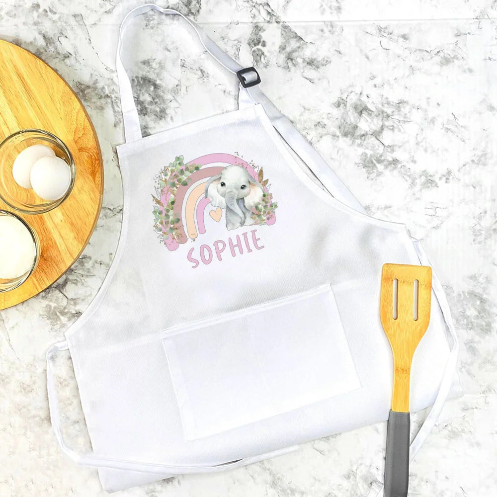 Personalised Child Apron Rainbow  Safari Animals with Name Apron Boys Girls Cooking Baking Apron Custom Birthday Gift for Kids