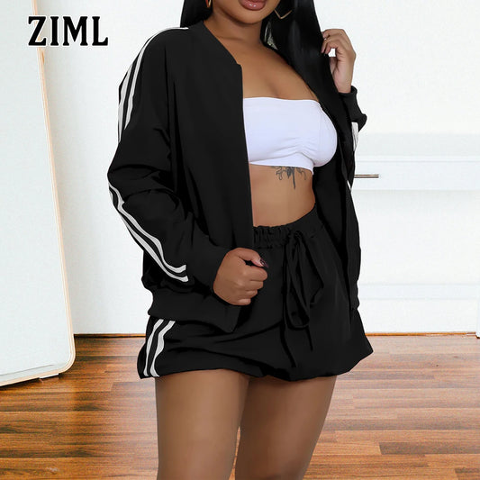 ZIML Minimalist Two Piece Sets For Women Stand Collar Long Sleeve Spliced Zipper Tops High Waist Shorts Chic Set Female Fashion