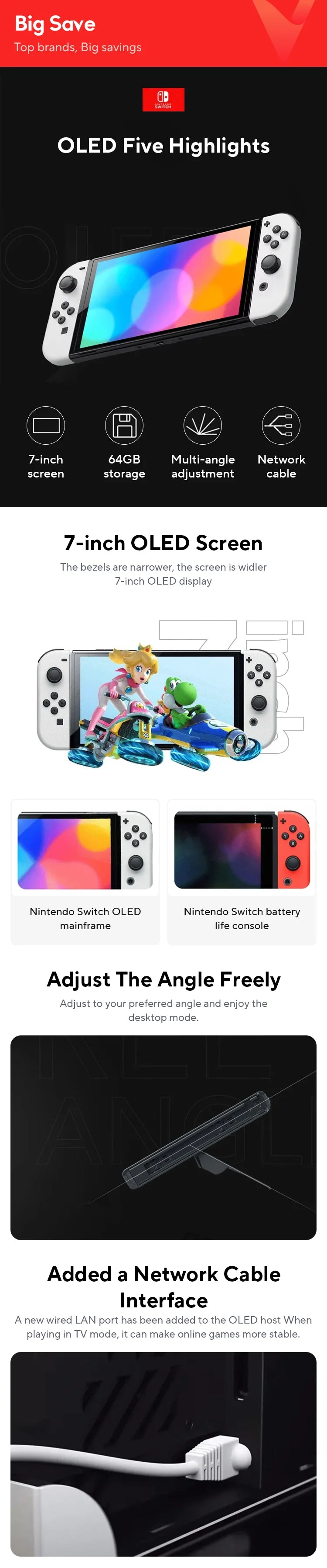 Nintendo Switch OLED Game Console 64GB 7-inch OLED Display