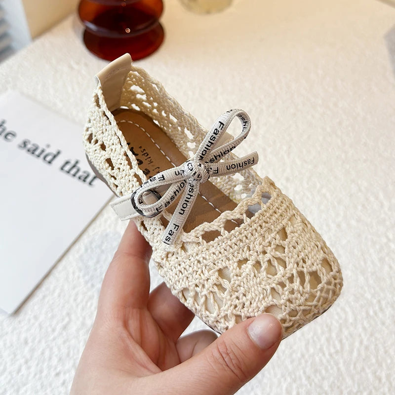 Bow Mesh Girls Flats Shoes Hollow Out Lace Solid Kids Princess Shoes Hook Loop Non Slip Toddler Children Fashion Shoes