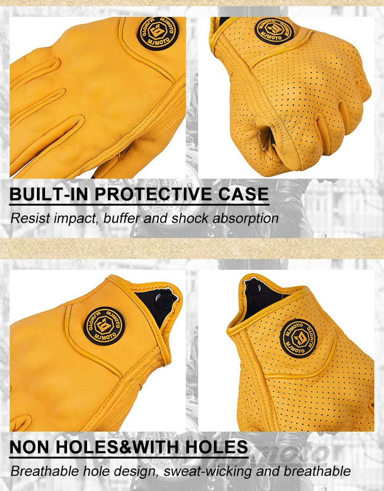Retro Yellow Leather Motorcycle Gloves Men Women Breathable Perforated Motorbike Racing Gloves Touch Screen Motocross Moto Glove