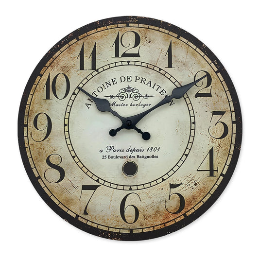 Retro“ Antoine De Praiteon a Paris Dehuis1801” Pattern Wooden Wall Clock Living Room Bedroom Kitchen Home Decoration Wall Clock Silent Quartz Clock Holiday Gift 10 Inches 12 Inches 14 Inches 16inch (Without Battery)