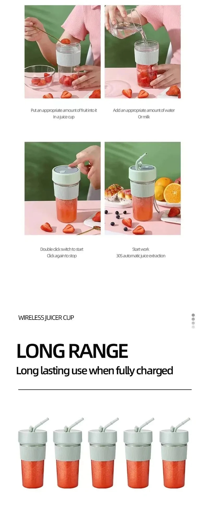 Electric Fruit Juicer Portable Wireless Blender Juice Mixer Mini Juice Cup With Straw Electric Juicer With 6-Blade USB Charging