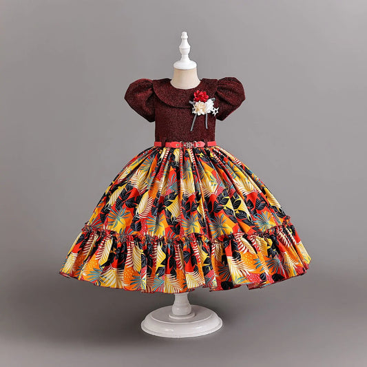 Girl Print Dress for Performance Children Dresses for Girls Kids' Clothes with Sashes Ceremony 3 to 12 Years