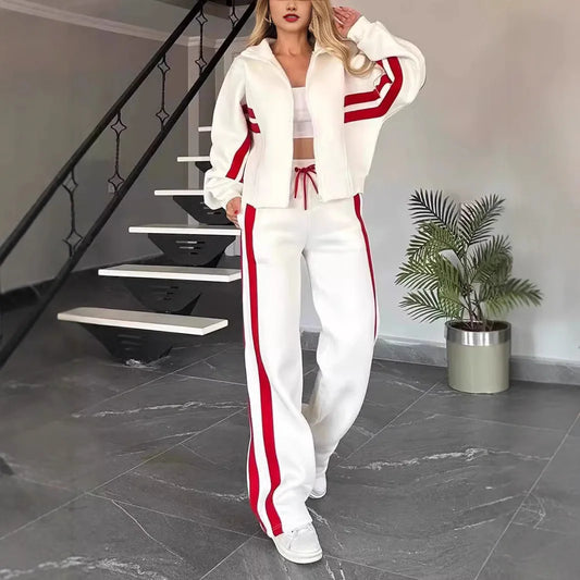 Two Piece Set Women Fashion Striped Print Lapel Zipper Coat High Waist Pants Outfit Autumn Winter Long Sleeve Suit Tracksuit