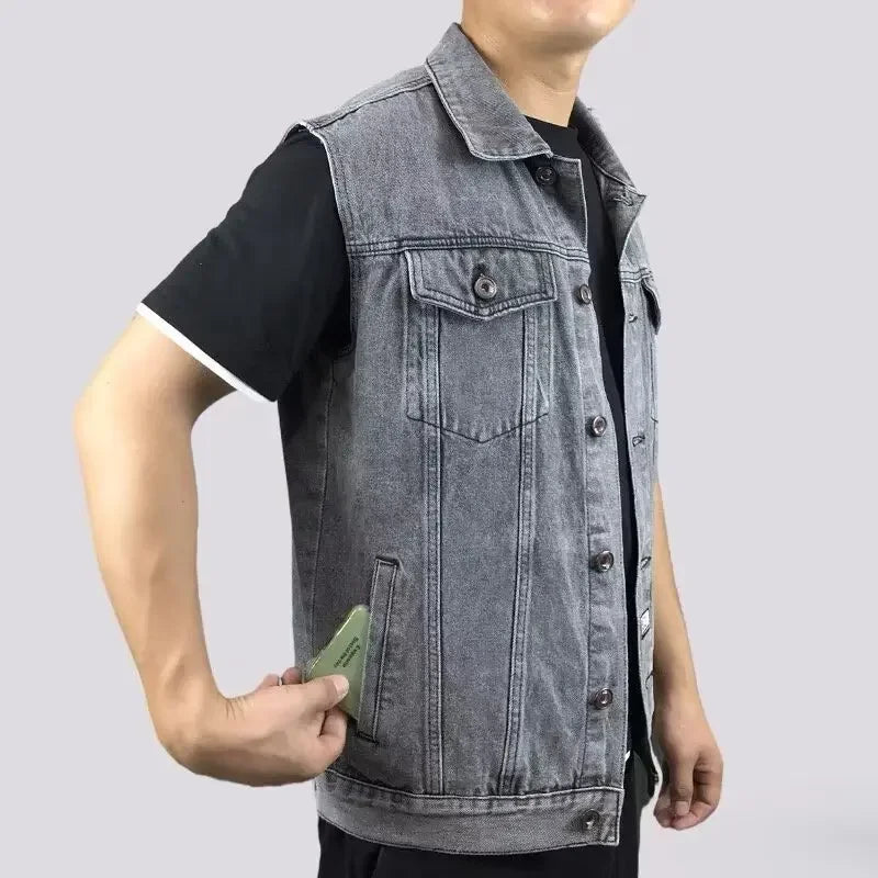 Men's Denim Vest Sleeveless Multi-Pocket Solid Color Spring Autumn Fashion Outerwear Casual Style Pure Color Top Coat