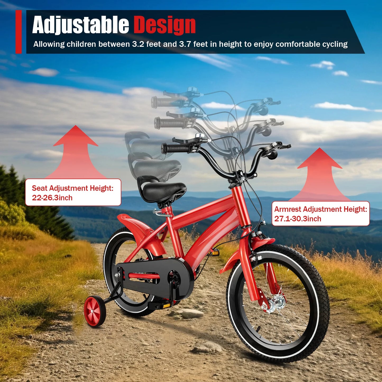 14inch Children's Bicycle with Training Wheel for 2-5 Year-Old Boys and Girls, Height Adjustable Kids Bike White/Yellow/Red/Blue