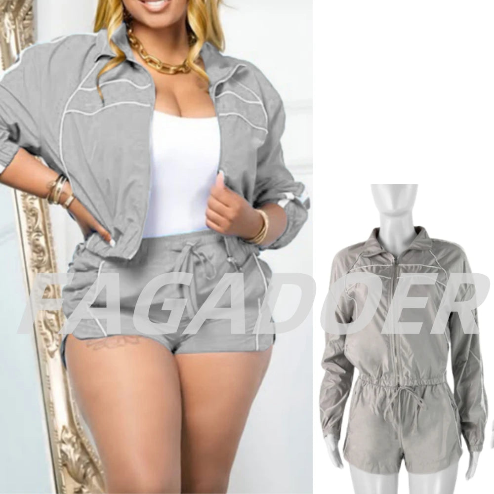 FAGADOER Casual Color Block 2 Pieces Set for Woman Long Sleeve Zipper Crop Jacke and Drawstring Shorts Female Jogger Clothing