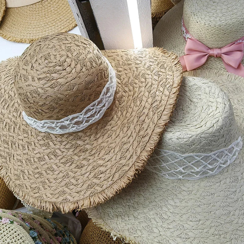 Wide Brim Straw Hat Summer Sunshade Hat Woven with Ribbons Beach Holiday Beach Sandal Trendy Hat for Outdoor Activities