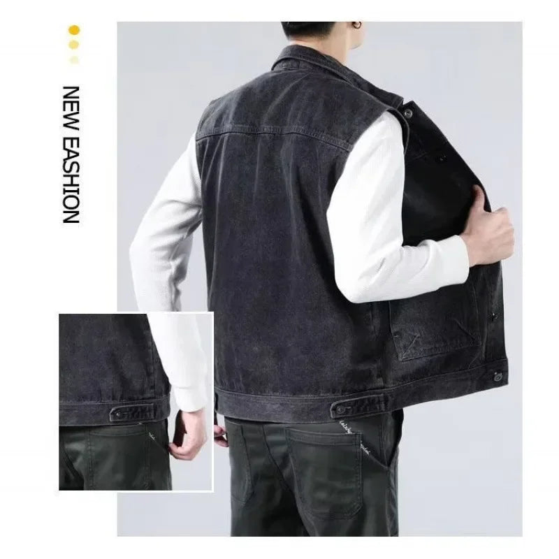 Loose Men's Denim Vest Spring Autumn American Retro Style Sleeveless Workwear Jacket Casual Trendy Brand Outerwear