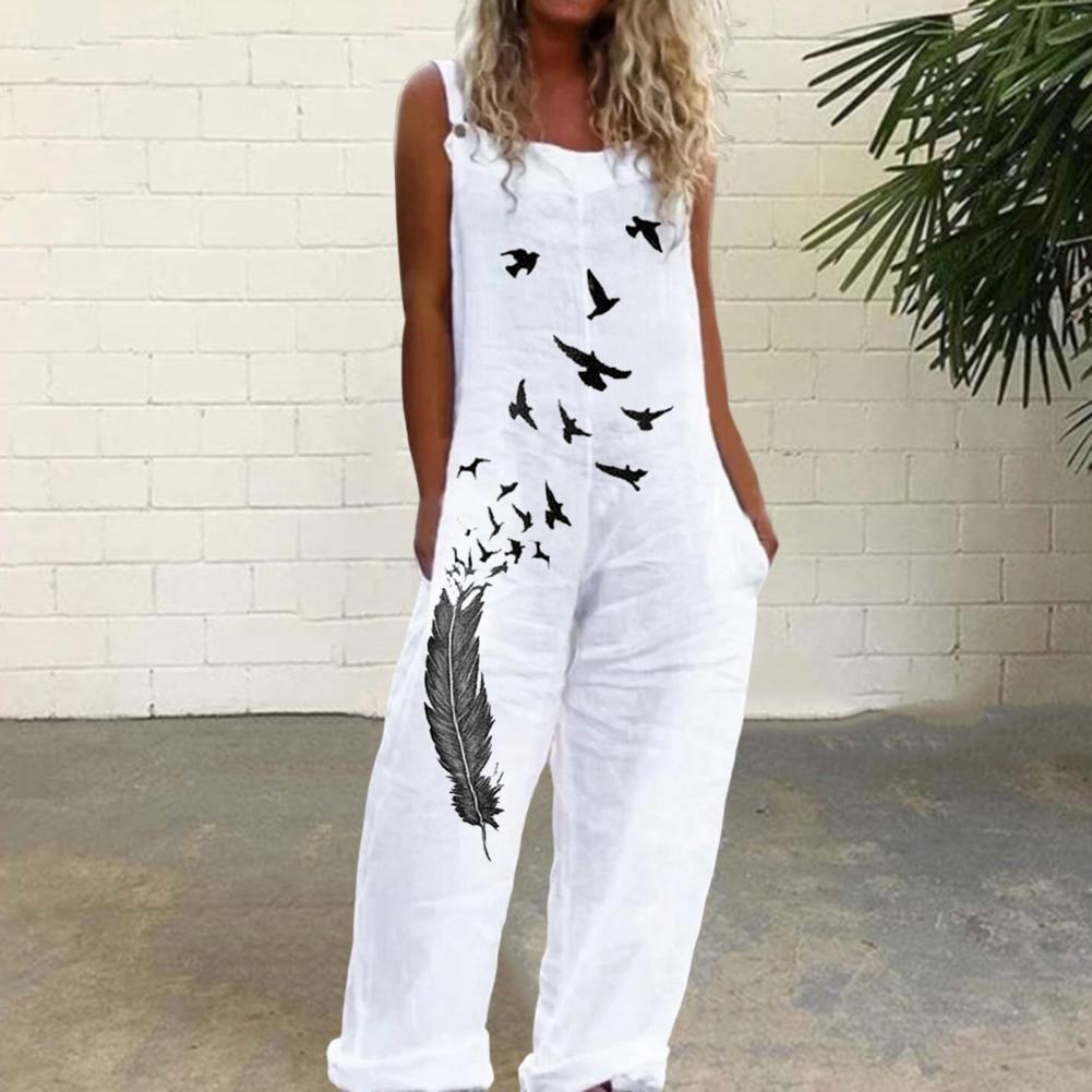 Casual Loose Jumpsuit Women Spaghetti Long Camis Summer Print Cotton Linen Strap Wide Leg Pants Bib Overalls Sleeveless Jumpsuit