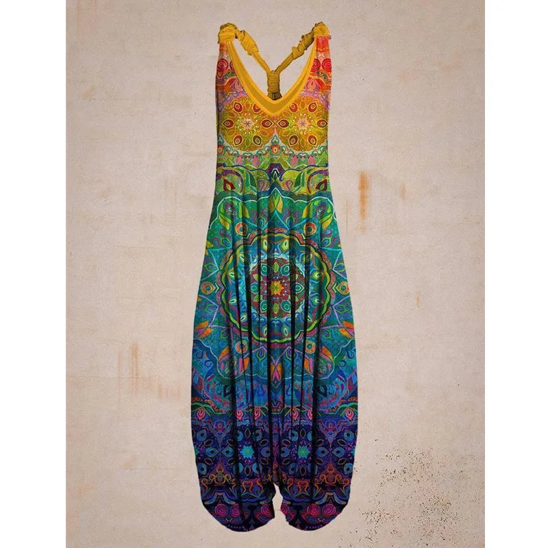 Bohemian Women's V-neck Sleeveless Jumpsuit Retro Ethnic Halter Top Harem Pants Beach Fashionable Casual Floral Print Jumpsuit