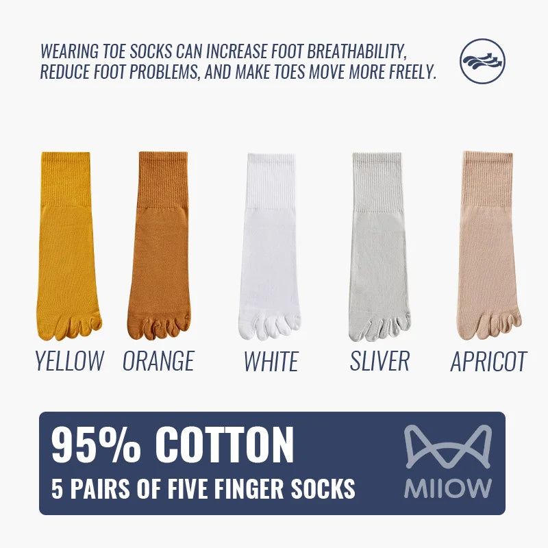 MiiOW 5Pairs Men Five Finger Long Socks Set Lycra Band Deodorant Antibacterial Sports Split Toe Stocking Causal Pure Cotton Sock