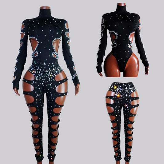 Drag Queen Outfit Sparkly Black Hollow Sexy 2 Piece Crystal Women Evening Prom Celebrate Birthday NightClub Performance Costume