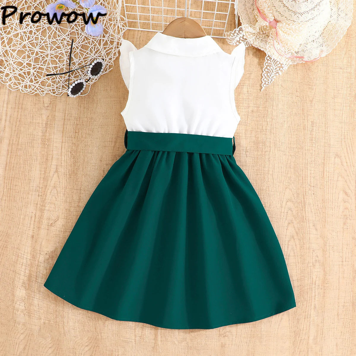 Prowow Lady Girl's Dresses Sleeveless Embroidery Floral Lotus Dress Turn-Down Collar Patchwork Shirt Dress For Girls With Belt
