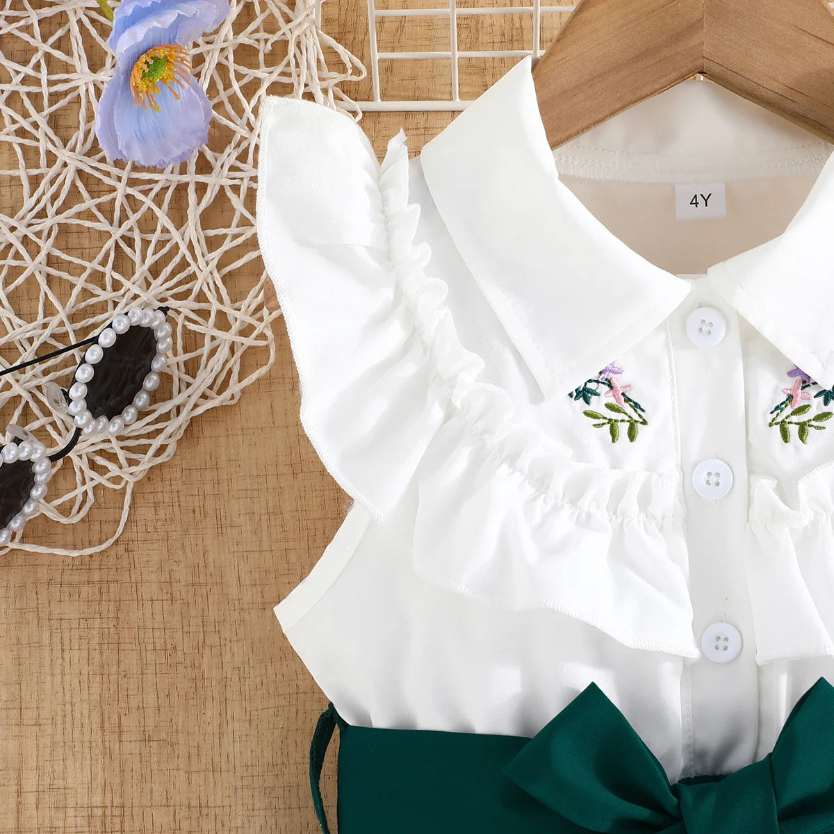 Prowow Lady Girl's Dresses Sleeveless Embroidery Floral Lotus Dress Turn-Down Collar Patchwork Shirt Dress For Girls With Belt