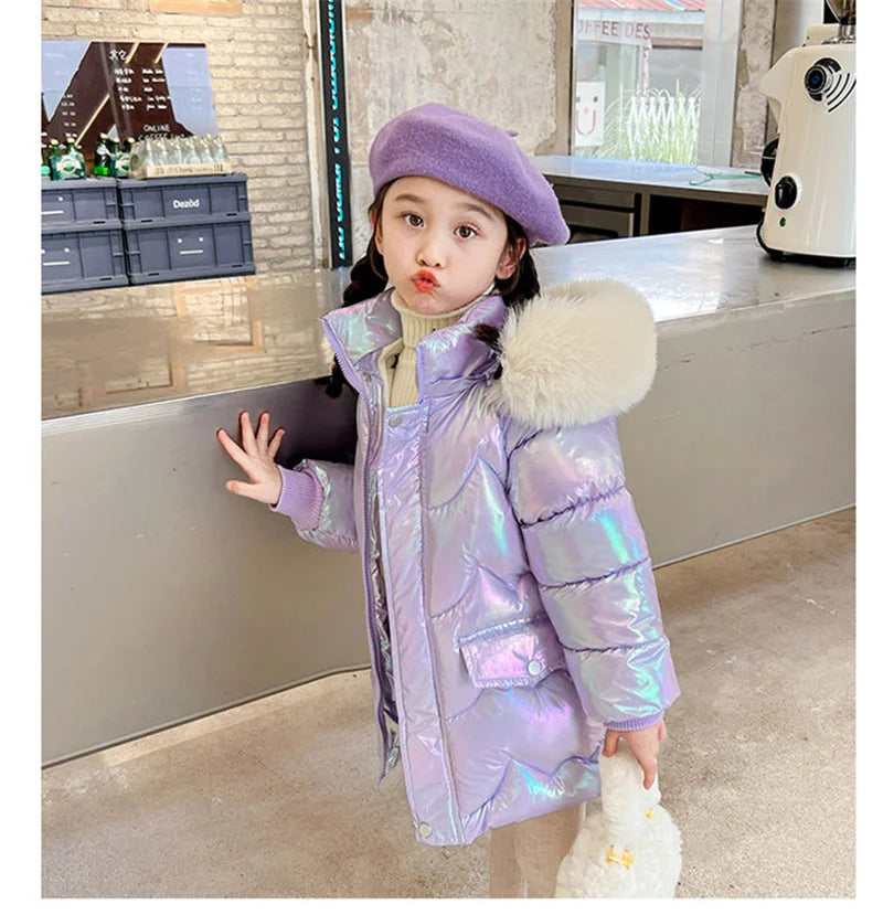 New Winter Coats Girls Warm Long Down Jackets Kids Fashion Unicorn Shiny Waterproof Parka Children Fur Collar Hooded Outerwear