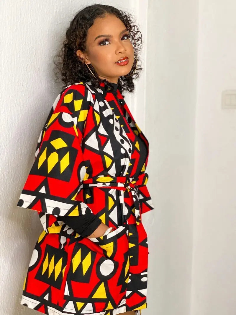 African  Printing Dress Women's Fashion Kimono Cardigan Coat Dashiki Geometric Belt Dress Plus Size Retro African Christmas Robe