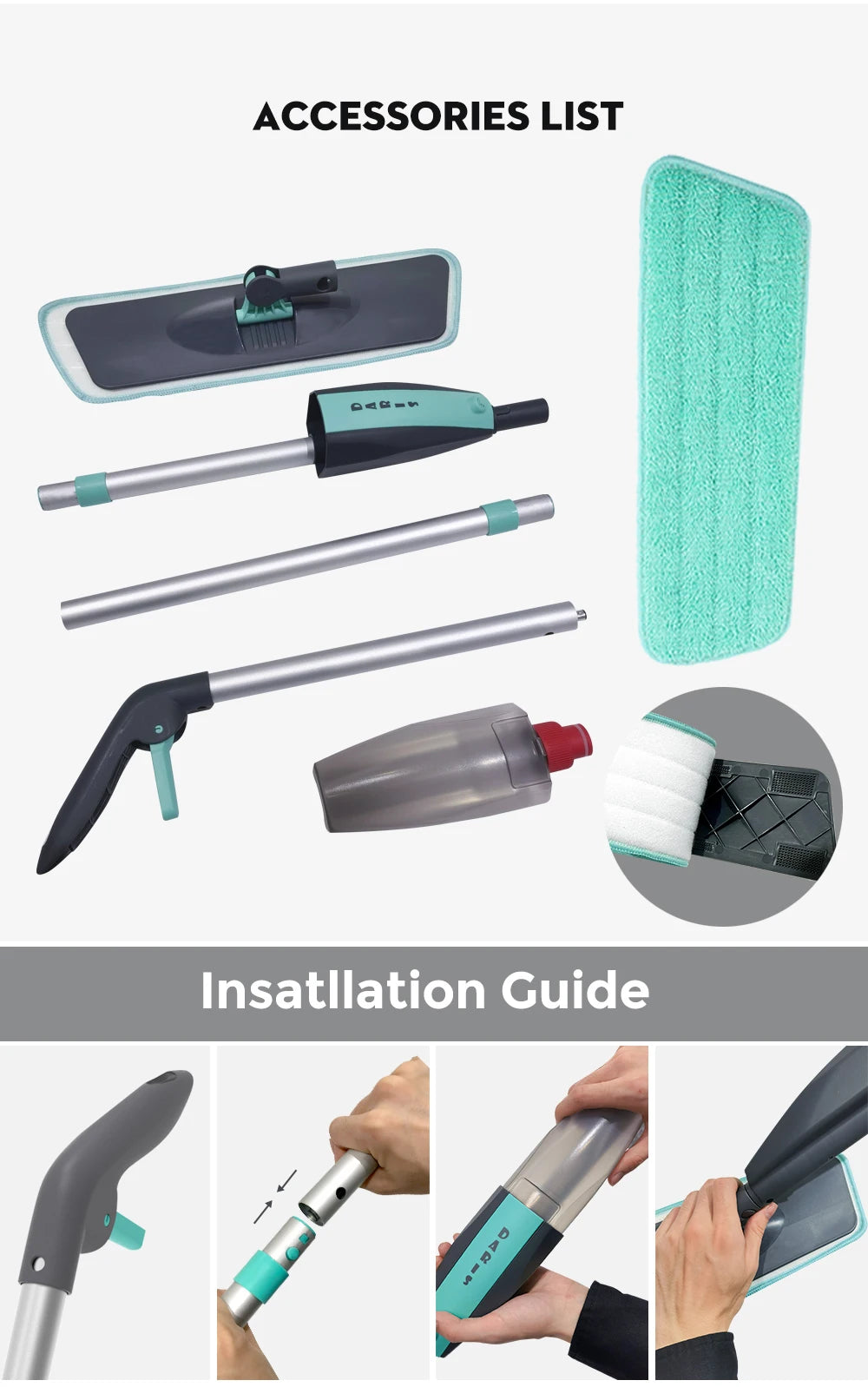 Magic Floor Cleaning Sweeper Brooms With Microfiber Pads 360° Rotation Flat Spray Floor Mop Broom For Cleaning Home Spin Mop