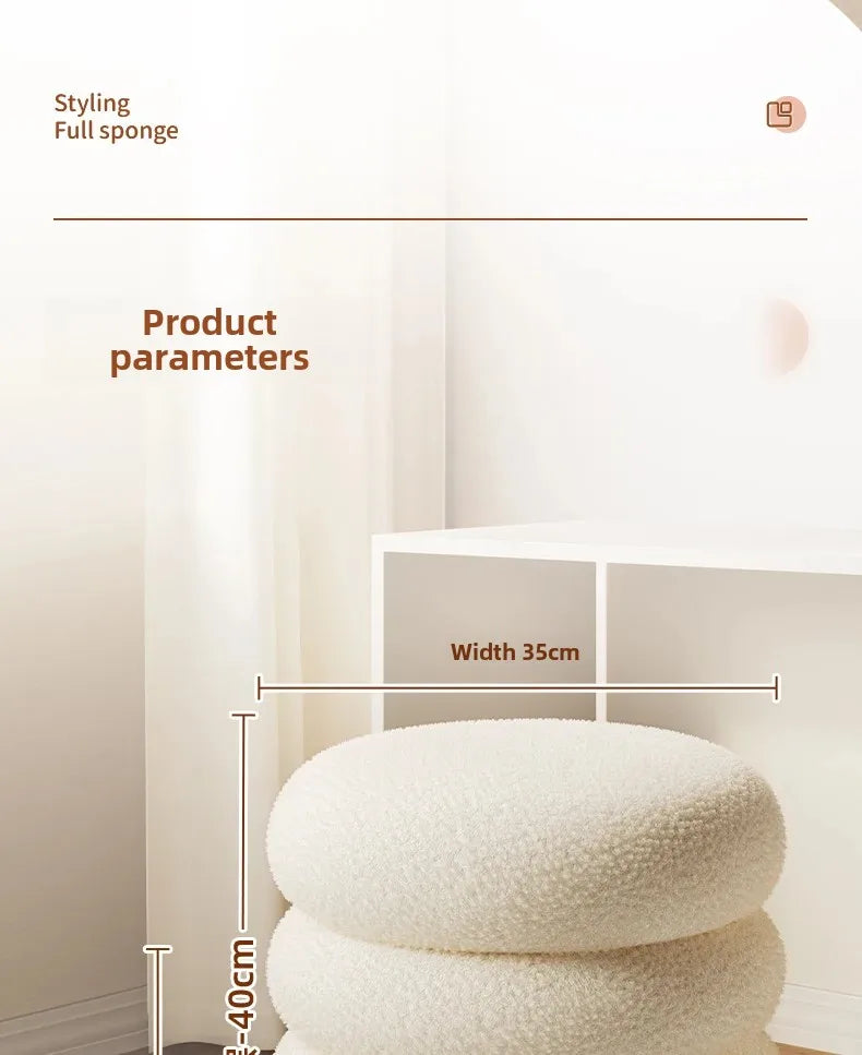 Creamy Household Stool for Girls, Makeup Seat, Bedroom Vanity Chair, Soft Lamb Wool Pouf, Minimalist Manicure, Round Ottoman