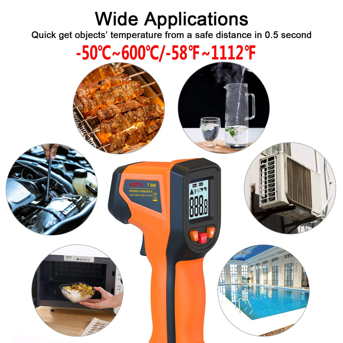 NJTY T600 Infrared Thermometer Handheld Heat Temperature  For Cooking Tester Pizza Oven Grill & Engine - Laser Surface Temp Read