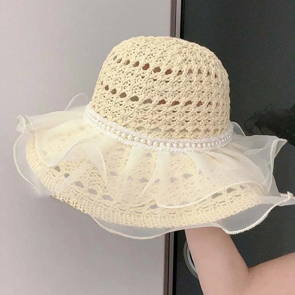 Beige Portable Lace Pearls Sun Cap Hollow Out Polyester Straw Weaving Beach Hat Breathable Thin Big Brimmed Woven Cap Women