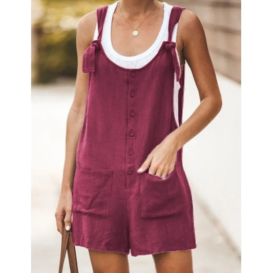 Summer Women's Solid Round Neck Pocket Loose Jumpsuit Shorts Bodys Mujer Black Romper Clothes Y2k 2024 Bodysuit Negro