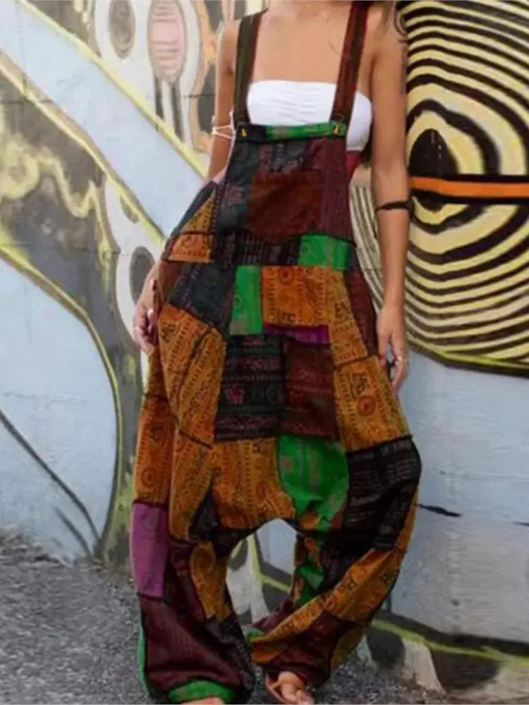 Fashion Patchwork Suspender Trousers Jumpsuit For Women Hip-hop Patchwork Ethnic Print Loose Harem Pantsstreet  Rompers Female