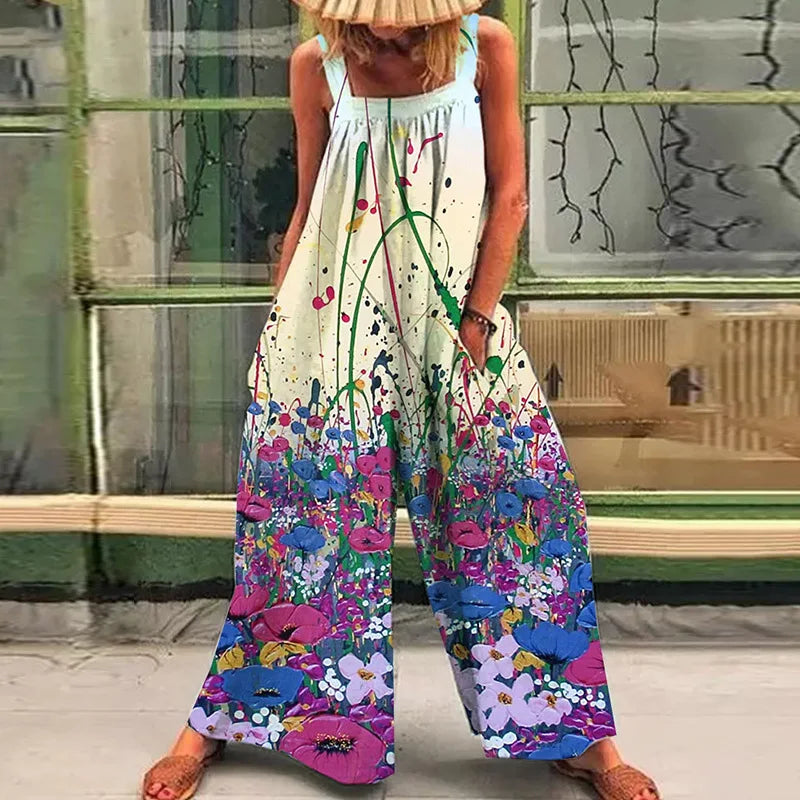 Loose casual lazy wind oversize print suspenders one-piece pants 2024 summer new straps broad leg one-piece pants woman