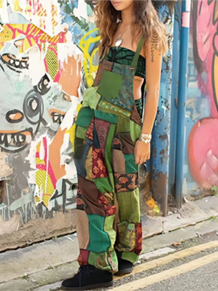 Fashion Patchwork Suspender Trousers Jumpsuit For Women Hip-hop Patchwork Ethnic Print Loose Harem Pantsstreet  Rompers Female