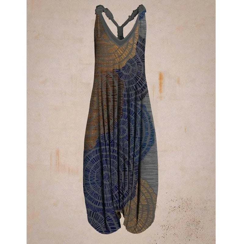 Bohemian Women's V-neck Sleeveless Jumpsuit Retro Ethnic Halter Top Harem Pants Beach Fashionable Casual Floral Print Jumpsuit