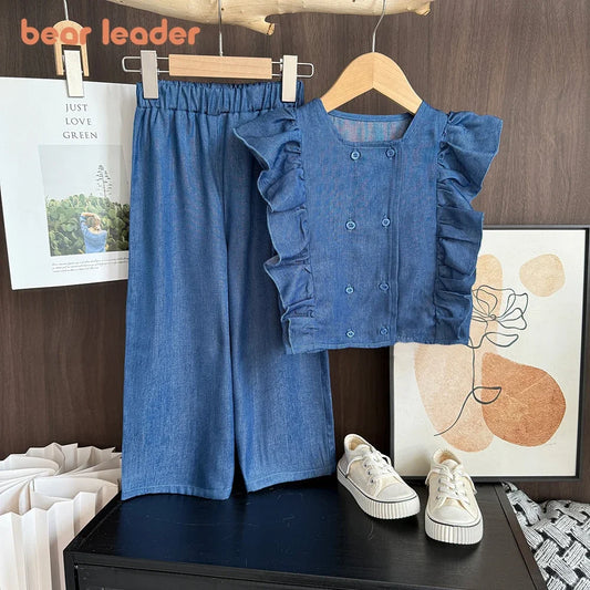 Bear Leader Toddler Girl Clothes Summer Solid Color Imitation Denim Children's Suit Blue Ruffled Sleeveless Vest+Pants 2Pcs Set