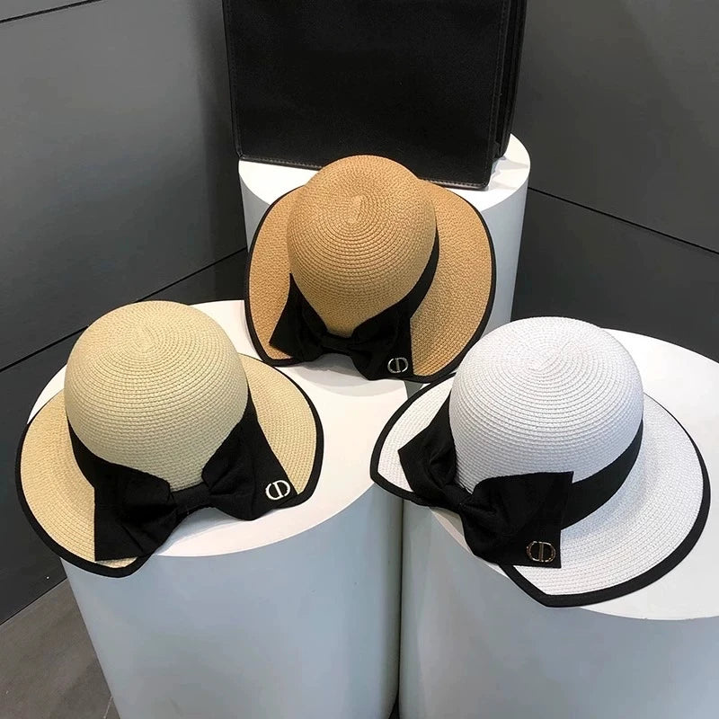 Summer Girls Sun Hats Wide Brim Bowknot Straw Hat with Ribbon Outdoor Sun Protection Women Hats Soild Color Ladies Panama Caps