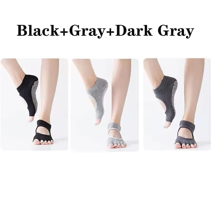 3 Pairs Women Backless Five Toe Yoga Socks Non-Slip Cotton Dance Ballet Pilates Socks Open Half Breathable Fitness Sports Socks
